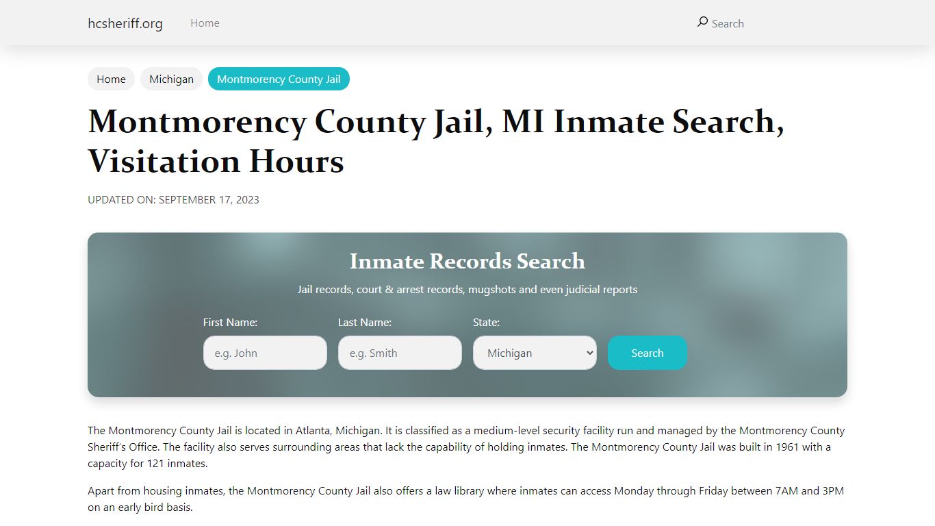Montmorency County Jail, MI Inmate Search, Visitation Hours